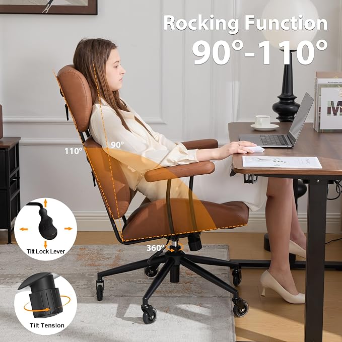 E-Motie Ergonomic Leather Office Chair, Computer Desk Chair, Brown | Adjustable Headrest, 360° Swivel & Rolling Wheels, Lumbar Support, Padded Arms, High Back, for Long Hours Sitting