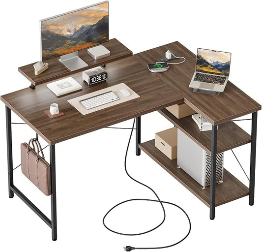 Mericonia Small L Shaped Computer Desk with Power Outlets, Reversible Gaming Desk with Storage Shelves & Monitor Stand, Corner Gamer Desk Table, Study Writing Table
