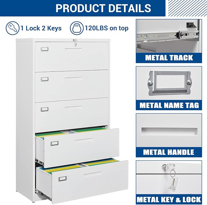 Fesbos Lateral File Cabinet with 5 Drawers - White Metal Steel Filling Cabinets for Home Office - Lockable Storage Cabinet for Hanging Files Letter/Legal/F4/A4 Size-Assembly Required