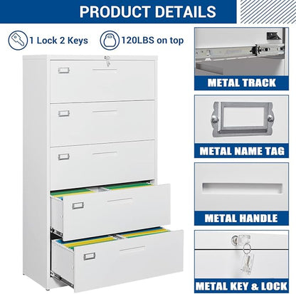 Fesbos Lateral File Cabinet with 5 Drawers - White Metal Steel Filling Cabinets for Home Office - Lockable Storage Cabinet for Hanging Files Letter/Legal/F4/A4 Size-Assembly Required