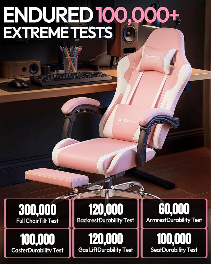 Dowinx Ergonomic Gaming Chair with Footrest & Massage Lumbar, 2D-Linkage Armrests for Computer Chair 330lbs with Headrest Pillow for Office, Home, Streaming and Long Gaming Sessions, Bright Pink