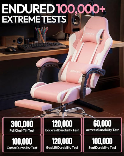 Dowinx Ergonomic Gaming Chair with Footrest & Massage Lumbar, 2D-Linkage Armrests for Computer Chair 330lbs with Headrest Pillow for Office, Home, Streaming and Long Gaming Sessions, Bright Pink
