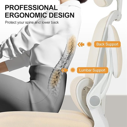 Ergonomic Office Chair,Home Mesh Office Desk Chairs,High Back Chair 330 LBS,Swivel Computer Task Chair with Adjustable Lumbar Support,Up&Down Flip-Up Arms,Rocking Function (Beige)