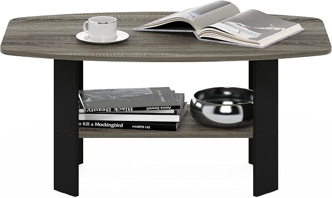 Furinno Simple Coffee Table, 2-Tier Small Coffee Table wih Open Shelf, Side Table, Tabletop with Soft Edges, for Living Room, Home Office, Grey Oak
