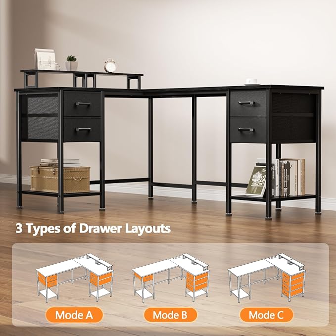 Korfile 59 inch L Shaped Computer Desk with Power Outlets, Home Office Desk with 4 Adjustable Storage Drawers & 2 Monitor Stands, Two Person Gaming Table for Bedroom, Black