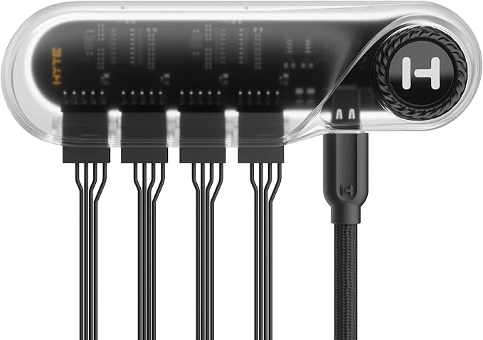 Hyte Powered Internal USB Hub - 4 USB 2.0 Output Headers, Motherboard USB 9Pin Extension, Extra-Strength Magnets and Adhesive Strip Included, Modern Internal Expansion - Crystal