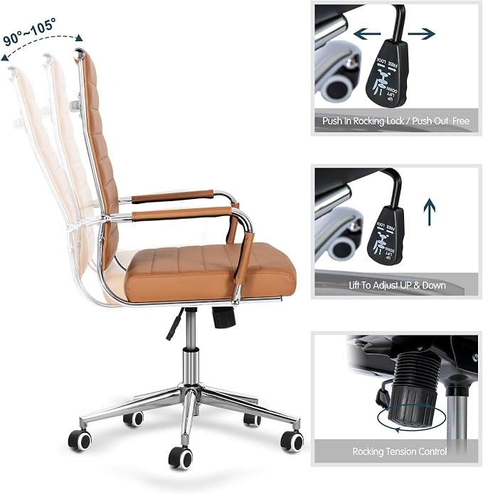 Home Office Chair Ribbed, Modern Leather Conference Waiting Room Chairs,Ergonomic Office Desk Chair, High Back Executive Computer Chair, Adjustable Swivel Chair with Arms,Brown
