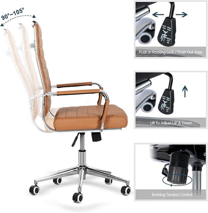 Home Office Chair Ribbed, Modern Leather Conference Waiting Room Chairs,Ergonomic Office Desk Chair, High Back Executive Computer Chair, Adjustable Swivel Chair with Arms,Brown