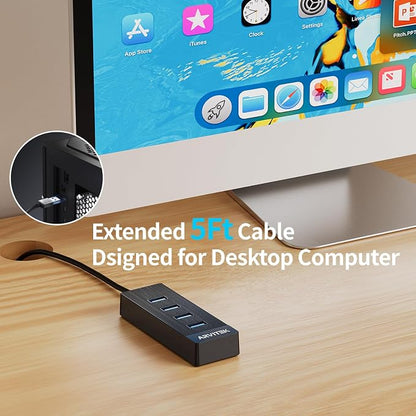 4-Port USB 3.0 Hub for Desktop, USB Extender Hub 5Gbps, USB Multiport Adapter, USB Splitter w/5Ft Long Cable for Desktop, PC, Flash Drive, Mobile HDD (5Ft/1.5m)