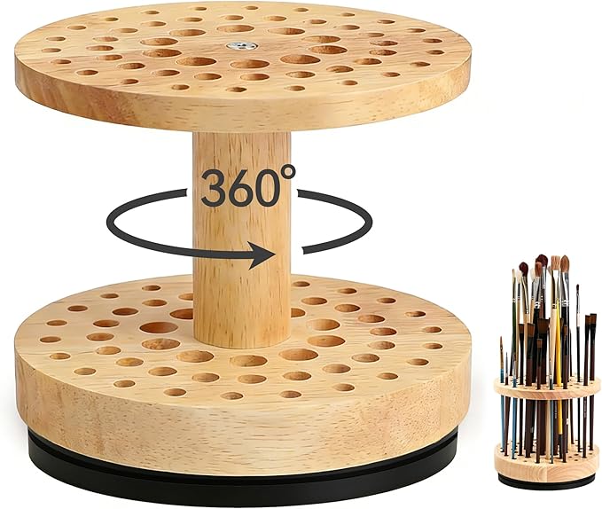 360° Rotating Brush Storage Rack|52-Hole Brush Holder|Hardwood Storage Stand|Space-Saving Brush Organizer|Suitable for Artist Brushes,Craft Tools, Makeup Brushes,Calligraphy Pens