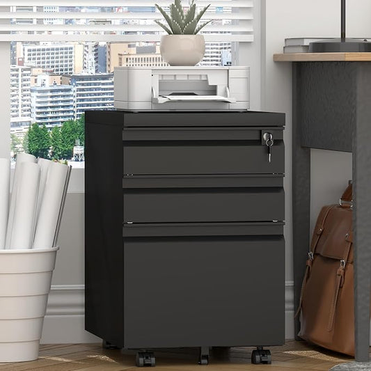 Filing Cabinets for Home Office, Printer Table with Caster, Lockable Office Cabinet with 3 Drawer, Small File Cabinet for Letters/A4, No Assembly Required, Black