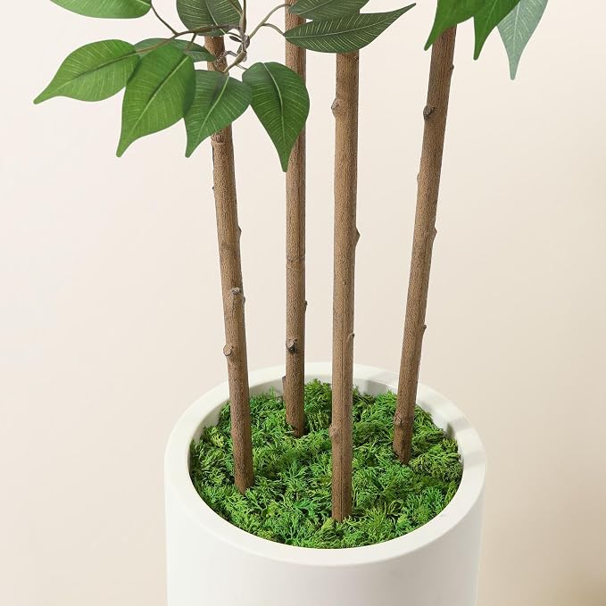 SOGUYI Ficus Artificial Tree 7ft Fake Silk Plant for Home Decor Indoor, Faux Tree in White Imitation Ceramic Planter Fake Floor Plant for Living Room and Home Office Corner Indoor Decor, Set of 1