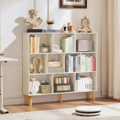 LEYAOYAO 10 Cube Bookshelf,3 Tier Modern Wide Bookcase with Legs,Mid-Century Wood Bookshelves Storage,Light Grey White Large Book Case,Freestanding Organizer Display Shelf for Living Room,Office