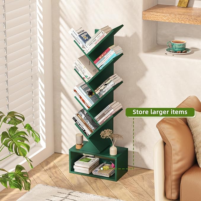 SHEEPAM 9 Tier Tree Bookshelf,Christmas Green Bookcase for Narrow Space, Storage Organizer Floor Standing Bookshelves for Books, Tall Book Case for Home Office, Living Room, Bedroom