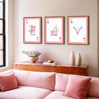 Set of 3 Western Cowgirl Wall Art Pink Bull Skull Wall Decor Painting Southwestern Playing Card Poster Canvas Prints Picture for Bedroom Living Room Wood Framed 12x16 inch