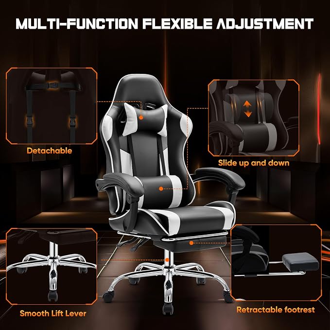 Sweetcrispy Computer Gaming Chair: Ergonomic High Back PU Leather Video Racing Chair with Adjustable Headrest & Footrest, Linkage Armrest, for Office and Home, White