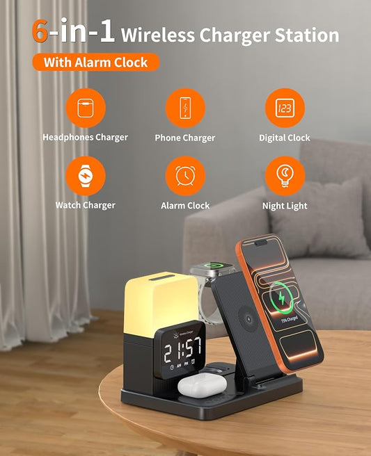 6-in-1 Wireless Charging Station,Charger Stand for Apple Devices,for iPhone 17-12 Pro Max Watch Airpods,Wireless Charger iPhone Charging Station with Night Light/Alarm Clock Gifts for Fathers Day