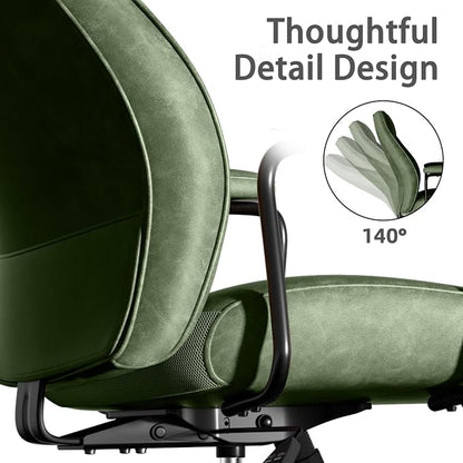Green Leather Office Chair, Mid Century Home Office Desk Chair | Ergonomic Curve Design, Removable Padded Arms, Height Adjustable Swivel Seat & Smooth Wheels, Vintage Mid-Back Computer Chair
