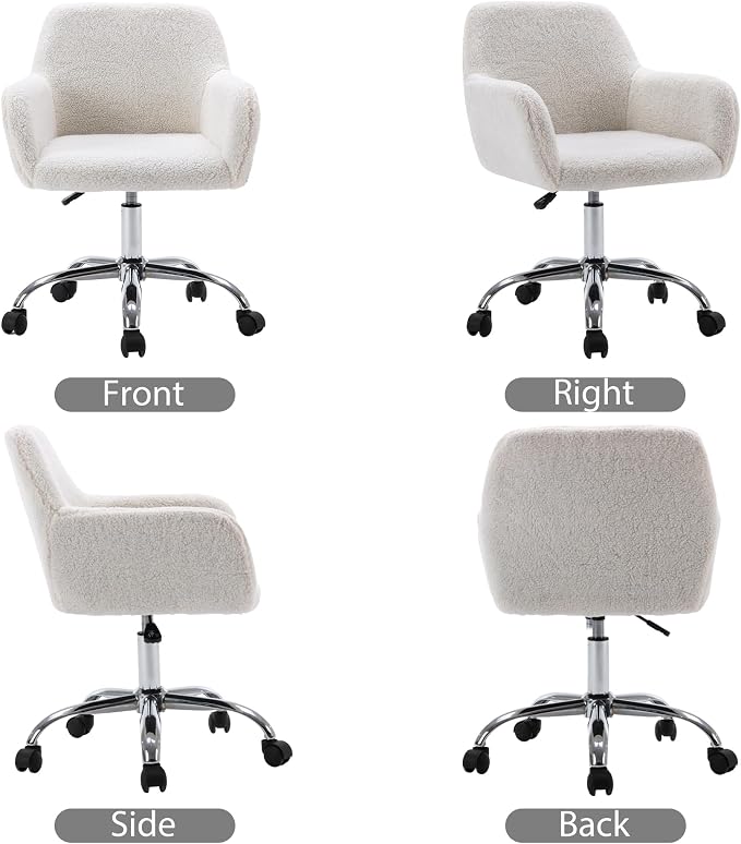 KCC Faux Fur Vanity Makeup Desk Chair, Comfy Fluffy Swivel Modern Leisure Armchair with Wheels, Upholstered Fuzzy Height Adjustable for Teens Women Girls Elegant Home Office
