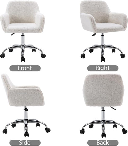 KCC Faux Fur Vanity Makeup Desk Chair, Comfy Fluffy Swivel Modern Leisure Armchair with Wheels, Upholstered Fuzzy Height Adjustable for Teens Women Girls Elegant Home Office