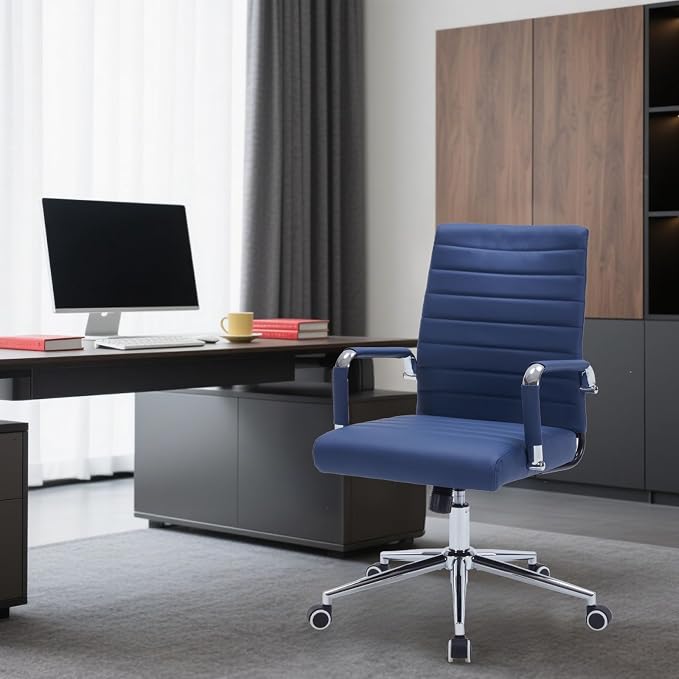Sidanli Ergonomic Desk Chairs, Executive Swivel Faux Leather Mid Back Chair with Comfortable Lumbar Support and Smooth Rolling Wheels for Office, Navy Blue