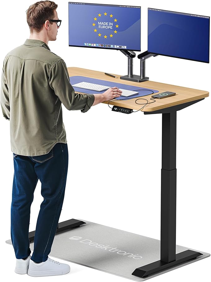 Desktronic HomeOne Standing Desk 48x24 — Ergonomic Sit Stand Home Office Desk, Made in Europe, Electric Dual Motor Height Adjustable, USB & USB-C Charging, Wobble-Free, Touchscreen, 3 Memory Presets