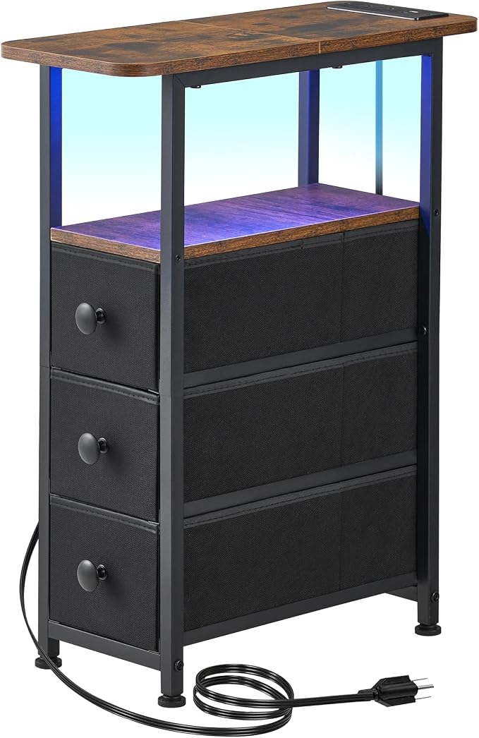 DALEMHOME Narrow End Table with Charging Station, Narrow Side Table with Drawer, Small Nightstand with LED Light, Skinny Nightstand, Small Bedside Table for Living Room, Bedroom, Couch, Rustic Brown