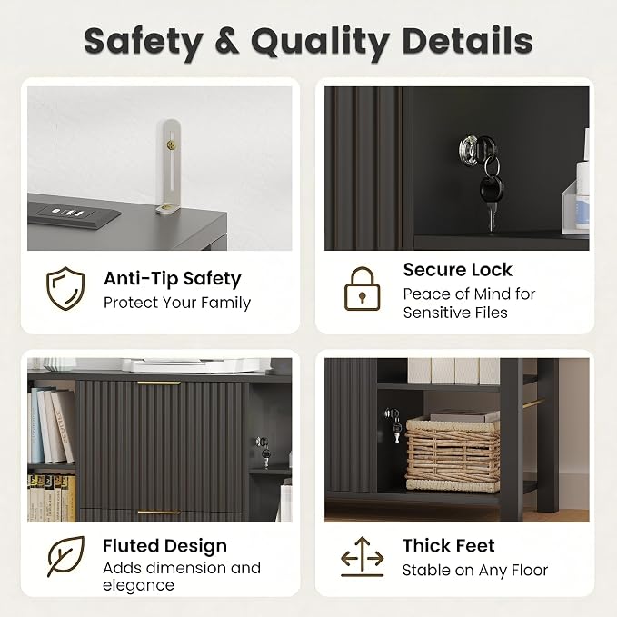 Filing Cabinet for Home Office, Fluted Wood File Cabinet with 2 Drawers Fit Letter/Legal/A4 Folders with Tabs, 43.3" W Printer Stand with Lock & 2 Power Outlets, 6 Storage Shelves (1, Black)