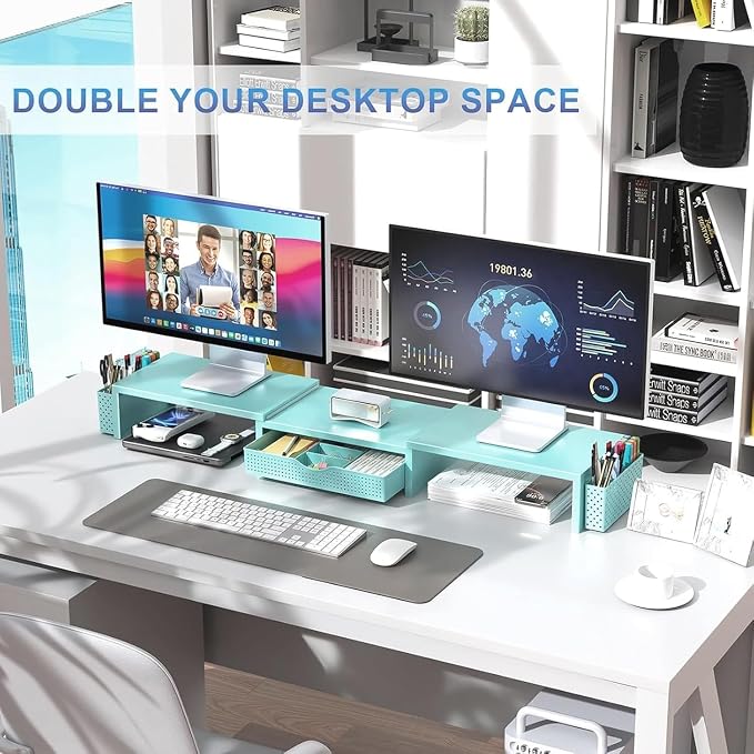 gianotter Dual Monitor Stand Riser, Desk Organizer With Drawer and 2 Pen Holders, Monitor Stand for Desk, Office Decor Essentials (Blue)
