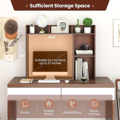 GOFLAME 5 Shelves Desktop Bookshelf, Wood Desk Hutch Dorm for Computer Desk, Countertop Display Rack, 3-Tier Desk Storage Organizer Shelf for Dormitory, Home Office, Study, Walnut