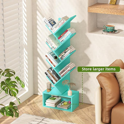 SHEEPAM 9 Tier Tree Bookshelf,Christmas Green Bookcase for Narrow Space, Storage Organizer Floor Standing Bookshelves for Books, Tall Book Case for Home Office, Living Room, Bedroom