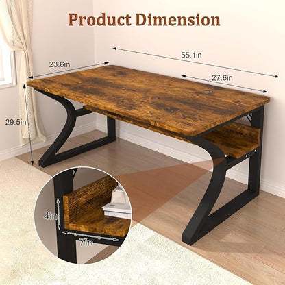55 inch Computer Desk, Home Office Desk with Storage Shelf, Sturdy U-Shaped Metal Frame Study Table with Cable Management, Gaming Desk for Office & Bedroom (Rustic Brown, 55inch)