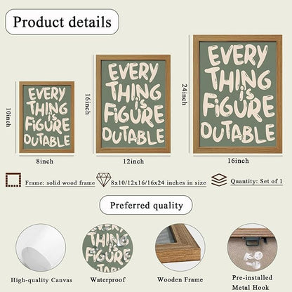 CXQILVER Everything is Figureoutable Framed Wall Art, Inspirational Positive Affirmation Canvas Wall Decor, Trendy Sage Green Motivational Quote Poster prints for Office Bedroom Classroom Dorm 16x24in