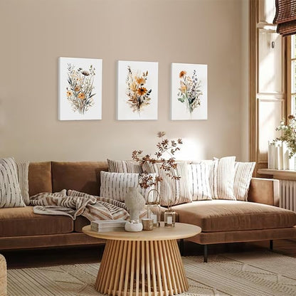 Colorful Wildflower Canvas Wall Art,Floral Wall Art Framed Set of 3 Flowers Art Prints,Watercolors Flower Wall Decor Living Room,Minimalist Botanical Wall Art Modern Wall Decor for Bathroom Bedroom Office,12"x16