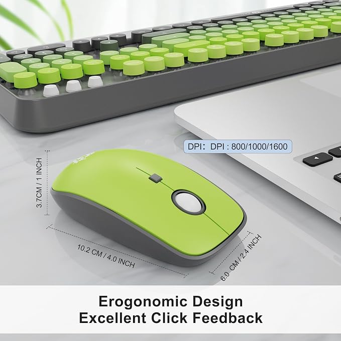 Wireless Keyboard and Mouse Combo, 104 Round Keys Cute Colorful Keyboard and Mouse with Retro Typewriter for PC Mac Laptop Tablet Computer Windows Gray Green