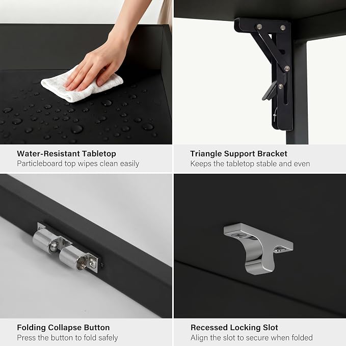 LAUSAINT HOME Wall Mounted Foldable Desk, Space Saving Hidden Desk with Storage & Power Outlet, Fold Out Table for Small Spaces, Home Office Bedroom (Black)
