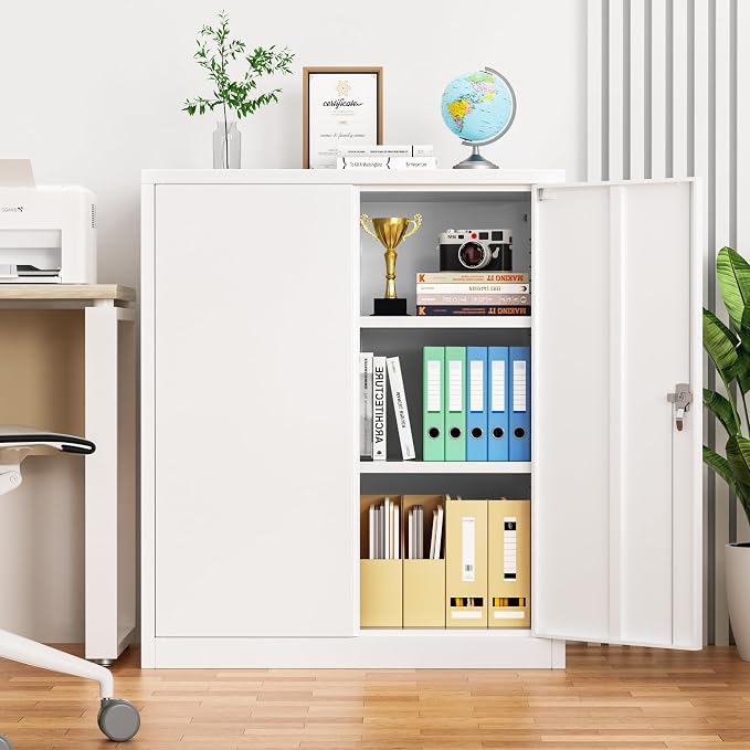 INTERGREAT Metal Garage Storage Cabinet, 36" Lockable Storage Cabinet with 2 Doors and 2 Adjustable Shelves, Steel White File Cabinet Great for Home Office, Garage, Warehouse, Study Room
