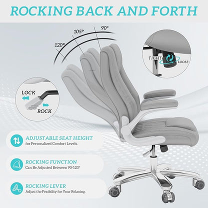 GYI High Back Executive Office Desk Chair, Leather Computer Chair, Grey | 2.6"Rubber Wheels, Flip-up Arms, Heavy Duty Base, Thick Padded Seat, Lumbar Support, Home, Conference Rooms, Reception Areas
