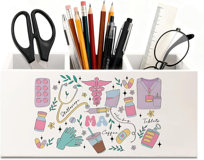 Medical Assistant Gifts Pen Holder for Desk, MA Appreciation Gifts Wooden Box Sign Desk Decor for Office Home Decoration, Physician Assistant Gift Pencil Organizer