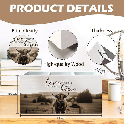 DILSJ Western Highland Cow Pen Pencil Holder Organizer for Desk, Highland Cow Gifts, Rustic Farmhouse I Will Love You Till the Cows Come Home Wooden Box Signs for Home Office Desk Tabletop Decoration