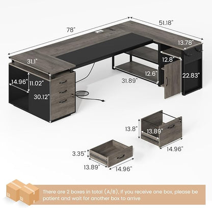 78" Executive Desk with Lockable File Cabinet, L Shaped Office Desk with Power Outlets, Large Executive Desk with Drawers and Storage Shelves , Reversible Computer Desk with Privacy Screen, Grey