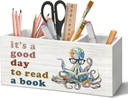 Book Lovers Gifts Octopus Pen Holder Organizer for Desk Accessories, It's a Good Day to Read a Book Wooden Box Sign Desk Decorations for Kids Classroom Reading Room Corner Nook Decor