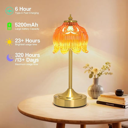 Cordless Lotus Flower Table Lamp, 5200mAh Rechargeable Battery Operated Portable Lamp, 3-Color Dimmable Touch Control Small Desk Lamp for Bedroom, Office, Kitchen, Nightstand,Room Decor (Orange-red)