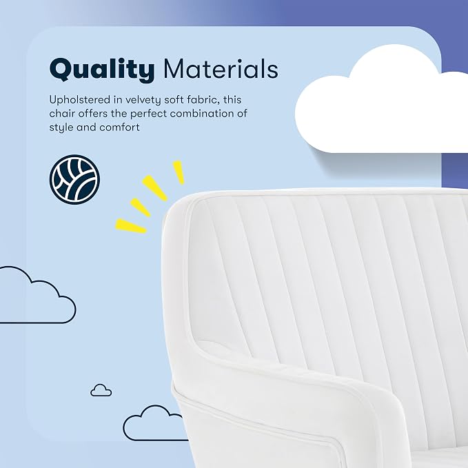 Serta Ashleigh Modern Office Chair, Channel-Tufted Design, Pocket Coil Seat Cushion, Stylish Mid-Century Accent Armchair, Women's Vanity or MakeupChair, Polished Gold Swivel Base, White Velvet Fabric