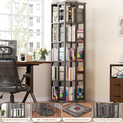 Aheaplus Rotating Bookshelf, Corner Bookcase, 360 Display Wood Spinning Bookshelves, Floor Standing Bookcase Narrow Shelf,5 Tiers, Grey Oak