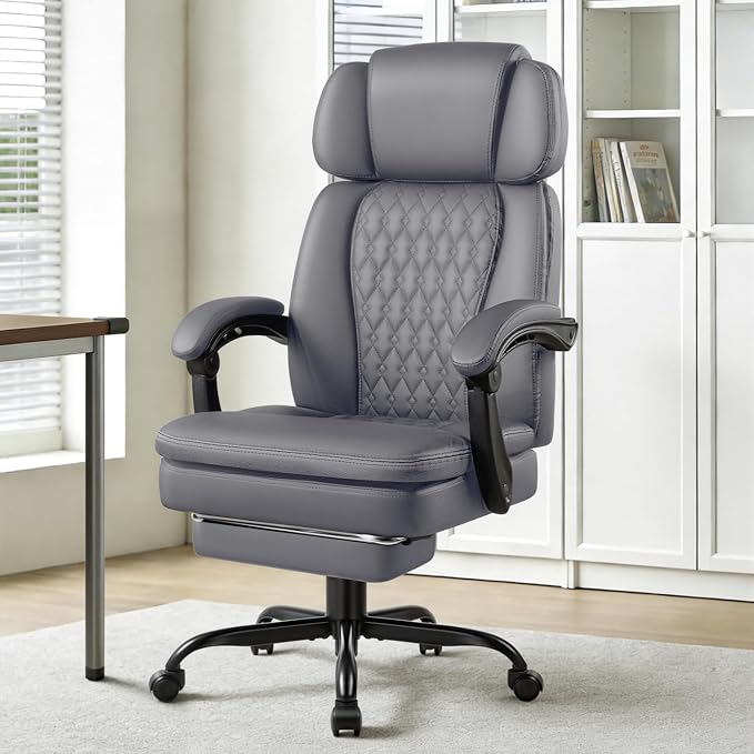 Office Chair with Foot Rest 400lbs, Heavy Duty Executive Leather Office Chair for Heavy People,Big and Tall High Back Ergonomic Comfy Office Desk Chair with Lumbar Support,Grey