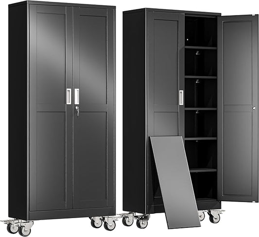 erosoei 75" H Metal Garage Storage Cabinet, Rolling Tool Cabinet with 2 Doors and Wheels, Locker Steel Cabinet with 5 Adjustable Shelves, Organization Cabinet for Garage,Office,Home,Gym,School（Black）