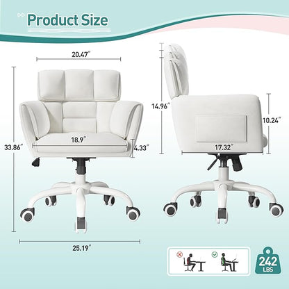 DurayLoly Home Office Chair with Wheels Soft-Touch Material,Modern Cute Vanity Chair with Back Adjustable Height Upholstered Comfy Desk Chairs with Side Pockets for Bedroom,White