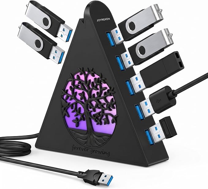7-Port USB 3.0 Hub, Vertical USB Hub Splitter with RGB Lighting, 5Gbps High-Speed Data Transfer and 2FT Extension Cable, Compatible with Laptop, PC, Desktop, MacBook, PS5, Xbox, Flash Drive