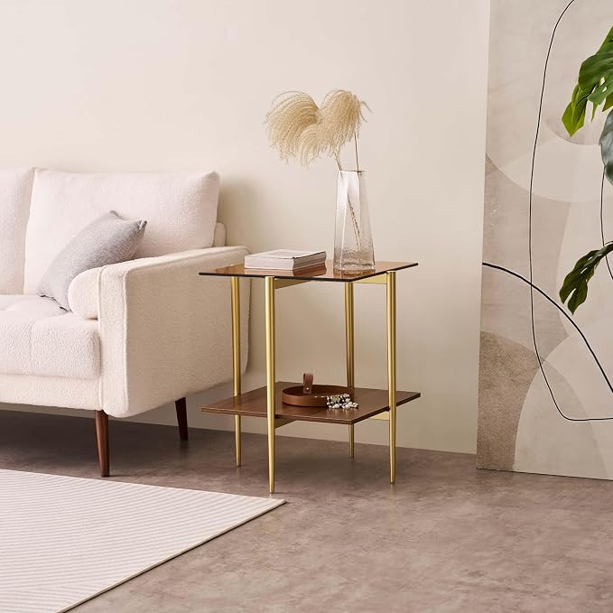 LumFurn Glass End Table, Mid-Century Modern Design Sofa Table, L18 x W18 x H23, for Living Room, 2-Tier Structure, Amber Glass Top and Walnut MDF Shelf, Sleek Conical Metal Legs with Gold Finish Frame
